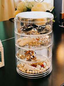 1pc Plastic Jewelry Storage Box, Clear Round Multi-layer Rotatable Earrings Storage Box For Bedroom - Clear - View 6