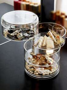 1pc Plastic Jewelry Storage Box, Clear Round Multi-layer Rotatable Earrings Storage Box For Bedroom - Clear - View 7