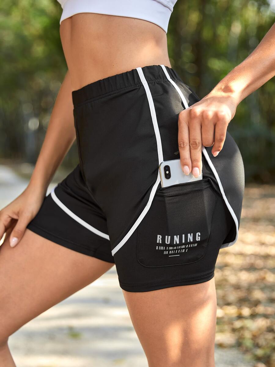 SHEIN Sports Letter Graphic Contrast Binding Sports Shorts With Phone Pocket - Black - View 1