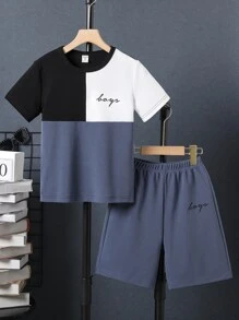 SHEIN Boys Letter Graphic Colourblock Tee & Shorts - Multicolor - View 1