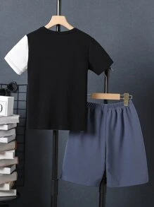SHEIN Boys Letter Graphic Colourblock Tee & Shorts - Multicolor - View 2