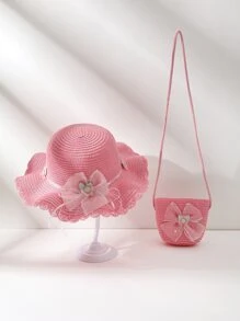 1套简约可爱粉色蝴蝶帽子和包包套装