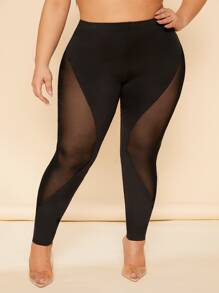 SHEIN SXY Plus Contrast Mesh Leggings - Black - View 1