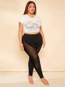 SHEIN SXY Plus Contrast Mesh Leggings - Black - View 3