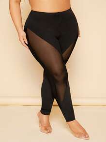 SHEIN SXY Plus Contrast Mesh Leggings - Black - View 4