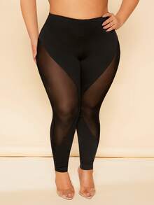 SHEIN SXY Plus Contrast Mesh Leggings - Black - View 5