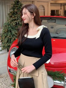 DAZY Contrast Trim Knot Detail Sweater,Fall Clothes - Multicolor - View 5