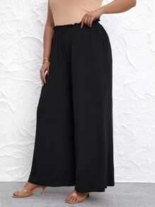 SHEIN LUNE Pantalones de pierna ancha de cintura con volante - Negro - Ver 3