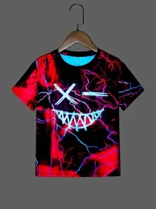 SHEIN Tween Boy Reflective Cartoon Pattern T-Shirt, Cool And Casual Style, Suitable For Everyday Summer Wear