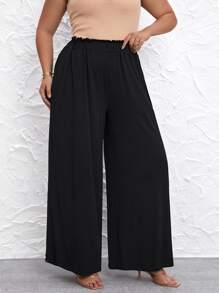 SHEIN LUNE Pantalones de pierna ancha de cintura con volante - Negro - Ver 4