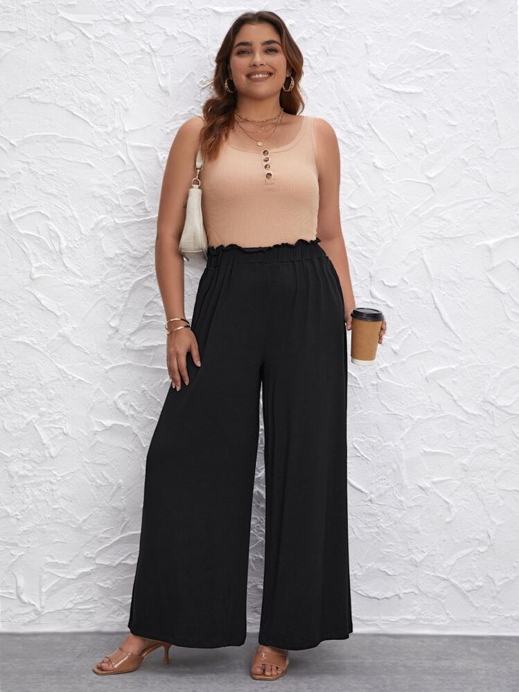 SHEIN LUNE Plus Pantalon Ample À Taille Froncée - Noir - Voir 5