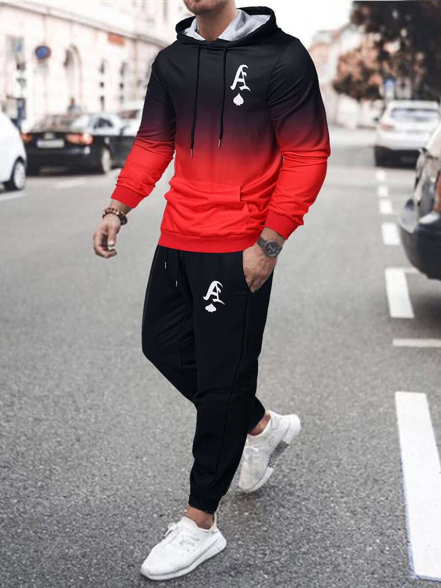 Manfinity Homme 男士撲克牌圖案漸層抽繩連帽衫和運動褲 - 彩色 - 查看 1