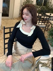 DAZY Contrast Trim Knot Detail Sweater,Fall Clothes - Multicolor - View 7