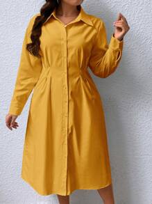 SHEIN Privé Plus Fold Pleated Shirt Dress - Mustard Yellow - View 1