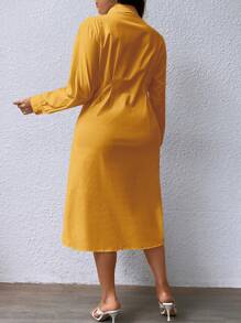 SHEIN Privé Plus Fold Pleated Shirt Dress - Mustard Yellow - View 2
