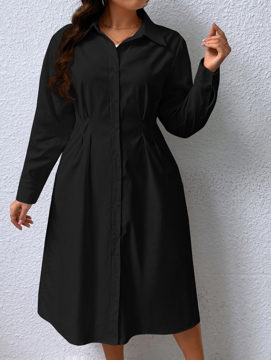 SHEIN Privé Plus Fold Pleated Detail Shirt Dress,Graduation Dress - Black - View 1