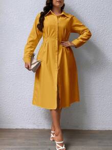 SHEIN Privé Plus Fold Pleated Shirt Dress - Mustard Yellow - View 4
