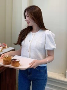 DAZY Chất rắn Nút phía trước Ống tay áo Áo sơ mi - trắng - Xem 3