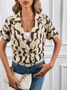 SHEIN Frenchy 全身印花翻领纽扣前开襟衬衫 - 彩色 - 查看 3