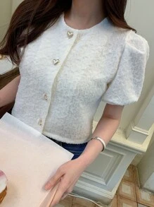 DAZY Chất rắn Nút phía trước Ống tay áo Áo sơ mi - trắng - Xem 4