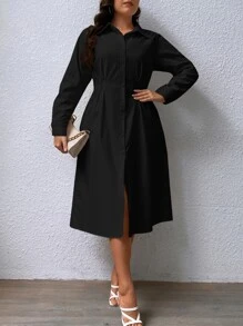 SHEIN Privé Plus Fold Pleated Detail Shirt Dress,Graduation Dress - Black - View 4