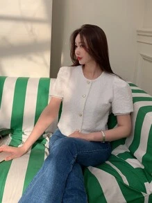 DAZY Chất rắn Nút phía trước Ống tay áo Áo sơ mi - trắng - Xem 5