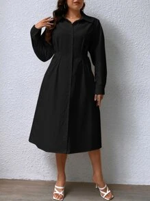 SHEIN Privé Plus Fold Pleated Detail Shirt Dress,Graduation Dress - Black - View 5