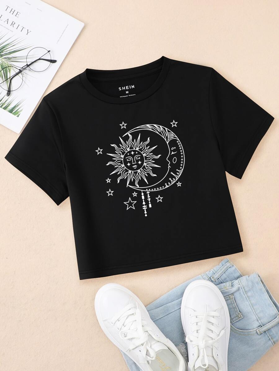 SHEIN EZwear Áo thun nữ Thiên hà Giải trí - màu đen - Xem 1