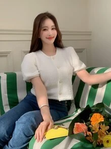 DAZY Chất rắn Nút phía trước Ống tay áo Áo sơ mi - trắng - Xem 6