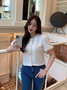 DAZY Chất rắn Nút phía trước Ống tay áo Áo sơ mi - trắng - Xem 7