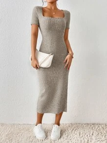 SHEIN Frenchy Women's Square Neck Slim Fit High Split Square Neck Texture Fabric Summer Dress Brown Casual - Khaki - View 3