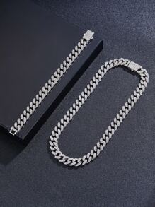 Juego de 2 piezas de eslabones de cadena coloridos con diamantes de imitación rosa/azul/blanco para hombres, pulsera con diamantes de imitación de Miami, Set collar de cadena ostentosa - Plateado - Ver 4