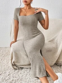 SHEIN Frenchy Women's Square Neck Slim Fit High Split Square Neck Texture Fabric Summer Dress Brown Casual - Khaki - View 5