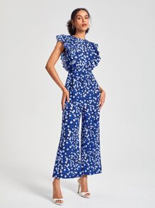 BellasylDesign Allover Print Ruffle Trim Wide Leg Jumpsuit - Multicolor - View 1
