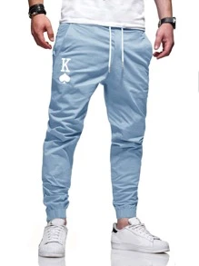 Manfinity Homme 男士字母圖案抽繩錐形褲 - 淺藍色 - 查看 1