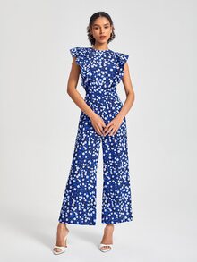 BellasylDesign Allover Print Ruffle Trim Wide Leg Jumpsuit - Multicolor - View 3