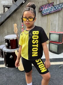 SHEIN Girls Letter Graphic Two Tone Drop Shoulder Tee & Biker Shorts - Multicolor - View 1