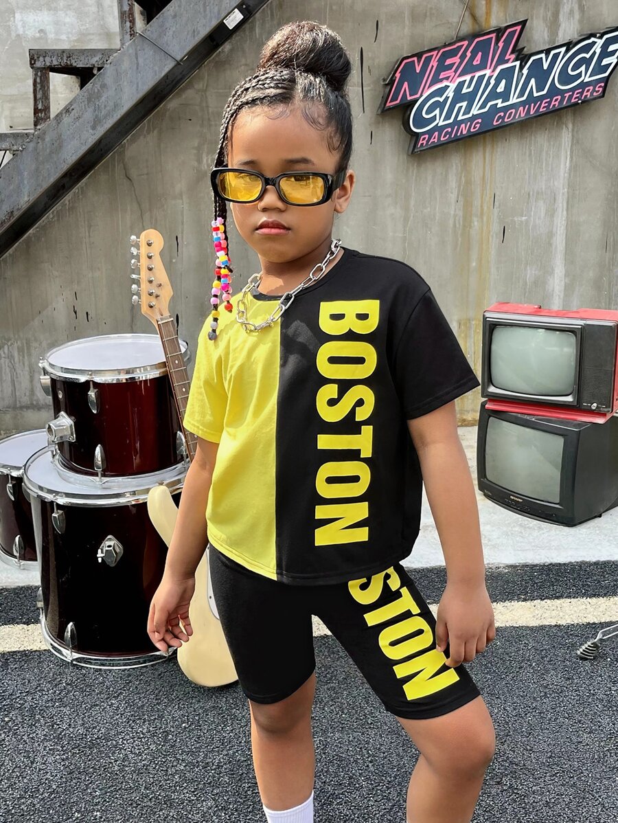 SHEIN Girls Letter Graphic Two Tone Drop Shoulder Tee & Biker Shorts - Multicolor - View 1