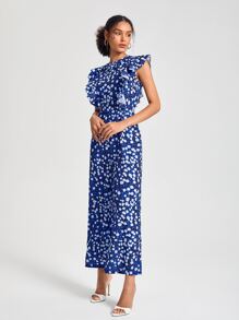 BellasylDesign Allover Print Ruffle Trim Wide Leg Jumpsuit - Multicolor - View 4