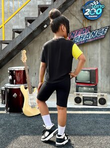 SHEIN Girls Letter Graphic Two Tone Drop Shoulder Tee & Biker Shorts - Multicolor - View 2