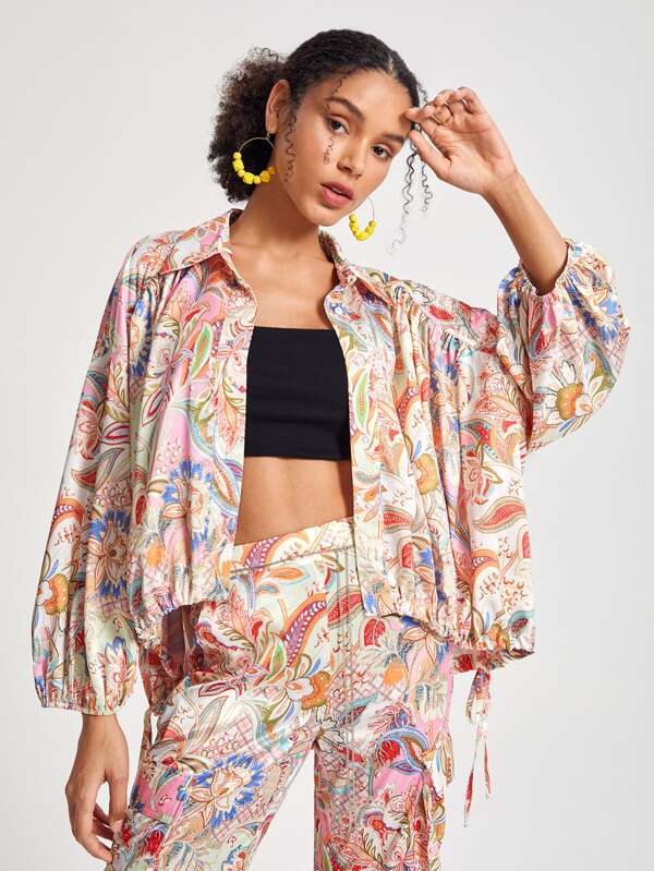 Amiko Camisa con estampado de paisley de manga farol bajo con cordón