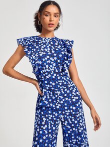 BellasylDesign Allover Print Ruffle Trim Wide Leg Jumpsuit - Multicolor - View 5