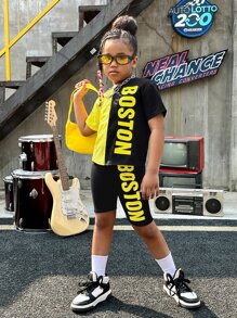 SHEIN Girls Letter Graphic Two Tone Drop Shoulder Tee & Biker Shorts - Multicolor - View 4