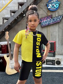 SHEIN Girls Letter Graphic Two Tone Drop Shoulder Tee & Biker Shorts - Multicolor - View 5