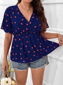 SHEIN LUNE Krås Hem Omlott Hjärta Mönster Enkel Plus Size Blus - Marinblå - Visa 1