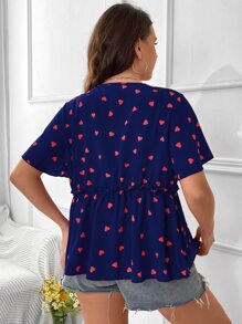 SHEIN LUNE Krås Hem Omlott Hjärta Mönster Enkel Plus Size Blus - Marinblå - Visa 2