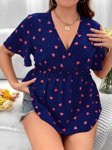 SHEIN LUNE Krås Hem Omlott Hjärta Mönster Enkel Plus Size Blus - Marinblå - Visa 3