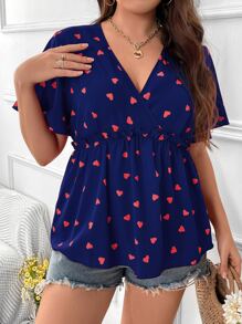 SHEIN LUNE Krås Hem Omlott Hjärta Mönster Enkel Plus Size Blus - Marinblå - Visa 4