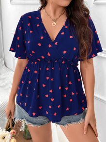 SHEIN LUNE Krås Hem Omlott Hjärta Mönster Enkel Plus Size Blus - Marinblå - Visa 5