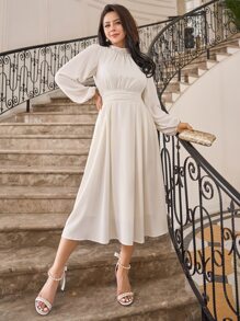 DAZY Mock Neck Lantern Sleeve Ruched Waist Dress Sundress,Fall Clothes - White - View 1